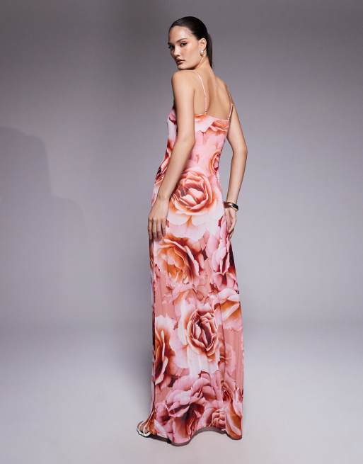AFRM Shea sheer mesh bodysuit maxi dress in peach roses | ASOS