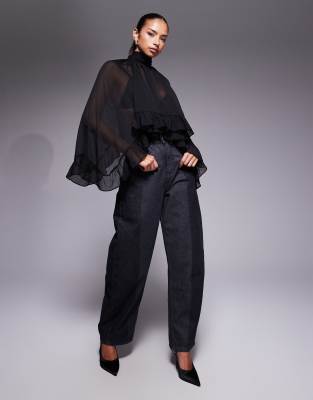 Afrm Sheer High Neck Ruffle Angel Sleeve Rhinestone Detailing Top With Mesh Bra In Black