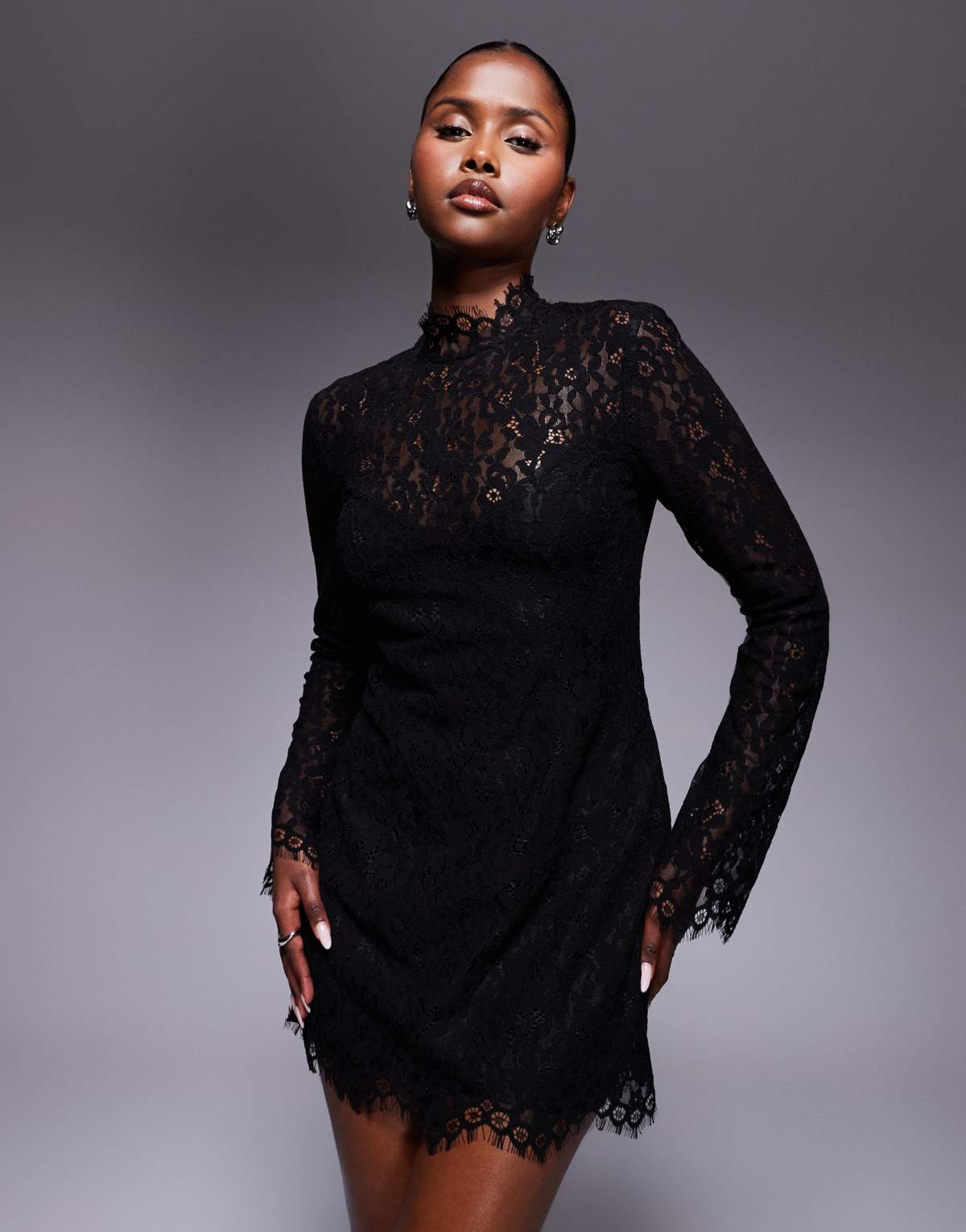 AFRM sheer long sleeve lace mini dress in black