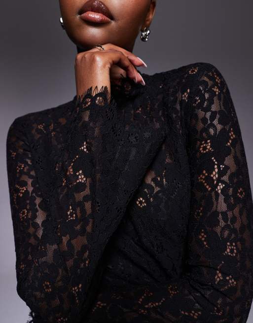 AFRM sheer long sleeve lace mini dress in black