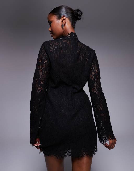 AFRM sheer long sleeve lace mini dress in black