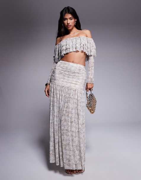 AFRM sheer pleated maxi skirt with drop waist co-ord in cream - view 1