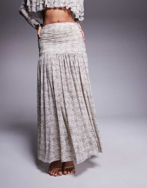 AFRM sheer pleated maxi skirt with drop waist co-ord in cream, 2 of 5