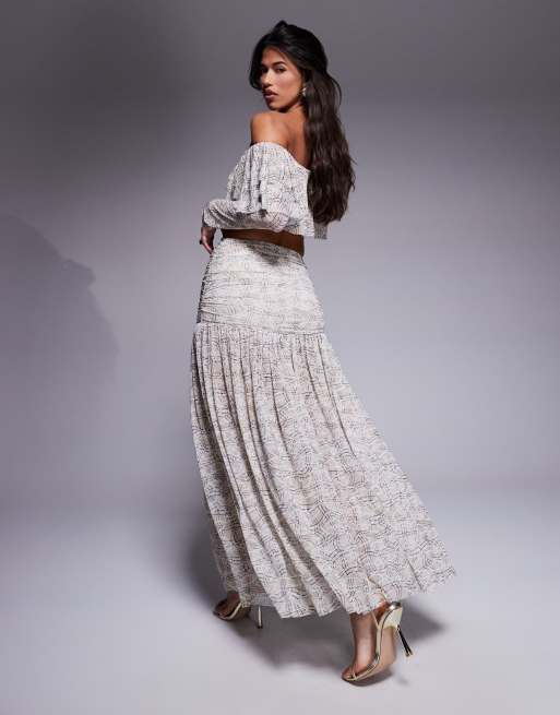 AFRM sheer pleated maxi skirt with drop waist co-ord in cream, 4 of 5