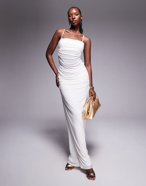 AFRM sheer waist power mesh ruched midaxi dress in white - view 1