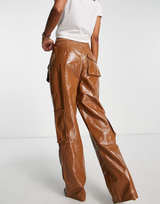 大*福様 Perfumecloset Pants Inspired by Flo AFRM Sigmund faux leather cargo pants in tan | ASOS