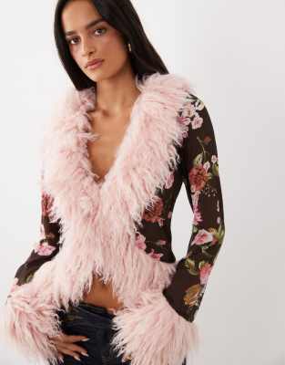 Afrm Simone Mesh Faux Fur Trim Long Sleeve Top In Brown