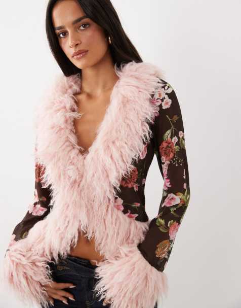 AFRM Simone top z długim rękawem z siateczki z wykończeniem faux-fur w brązowy kwiatowy wzór - view 1