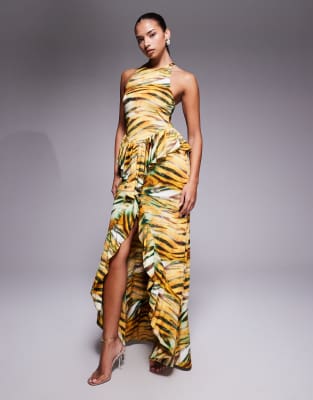 Afrm Slinky Racerneck Ruffle Detail Front Slit Maxi Dress In Gold