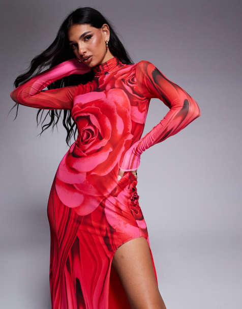 AFRM sonya maxi length dress with high slit detail in overscale rose 