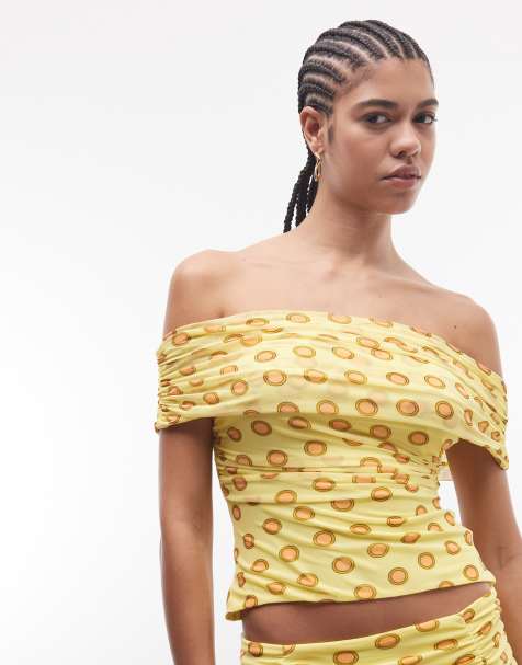 AFRM Sophie mesh off shoulder tie back detail top in yellow polka dots - part of a set - view 1