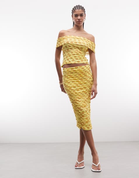 AFRM Sophie off shoulder top co-ord with midi skirt in yellow polka dot - view 1