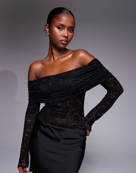 AFRM - Sort offshoulder-bodystocking med lange ærmer i blondestof - view 1