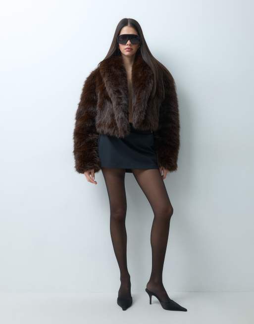 AFRM Stephanie barrel crop faux fur jacket in chocolate, 2 of 5