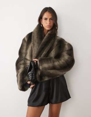 Afrm Stephanie Faux Fur Barrel Crop Jacket In Brown