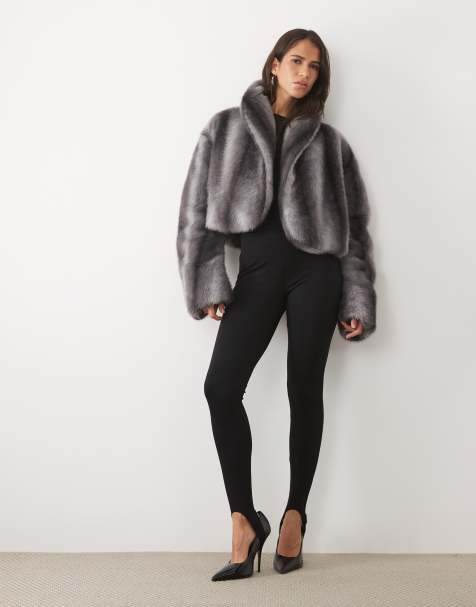 AFRM Stephanie faux fur barrel crop jacket in grey stripe - view 1