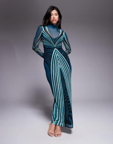 AFRM stretch mesh abstract striped high neck long sleeve maxi dress in aqua - view 1