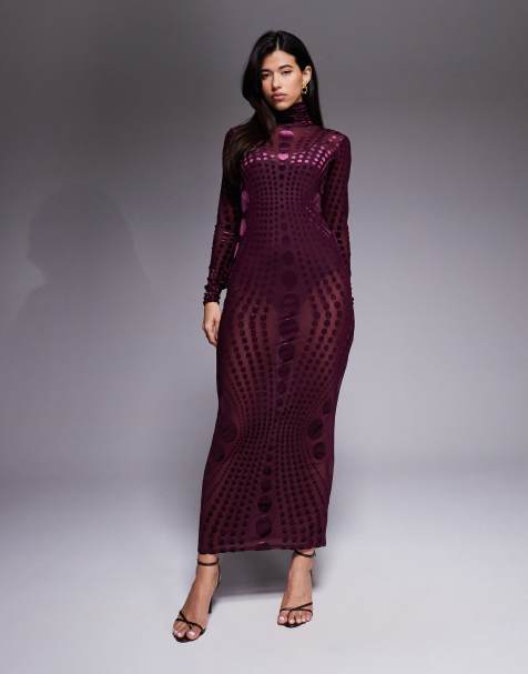AFRM stretch mesh burnout high neck long sleeve maxi dress in purple tonal dots - view 1