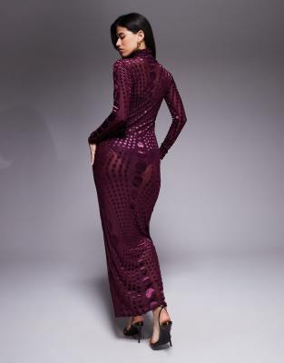 AFRM stretch mesh burnout high neck long sleeve maxi dress in purple tonal  dots | ASOS