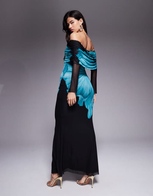 AFRM stretch mesh off the shoulder teal flower maxi dress in black