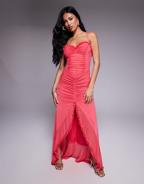 AFRM micro ruffle mesh high low maxi dress in fuchsia