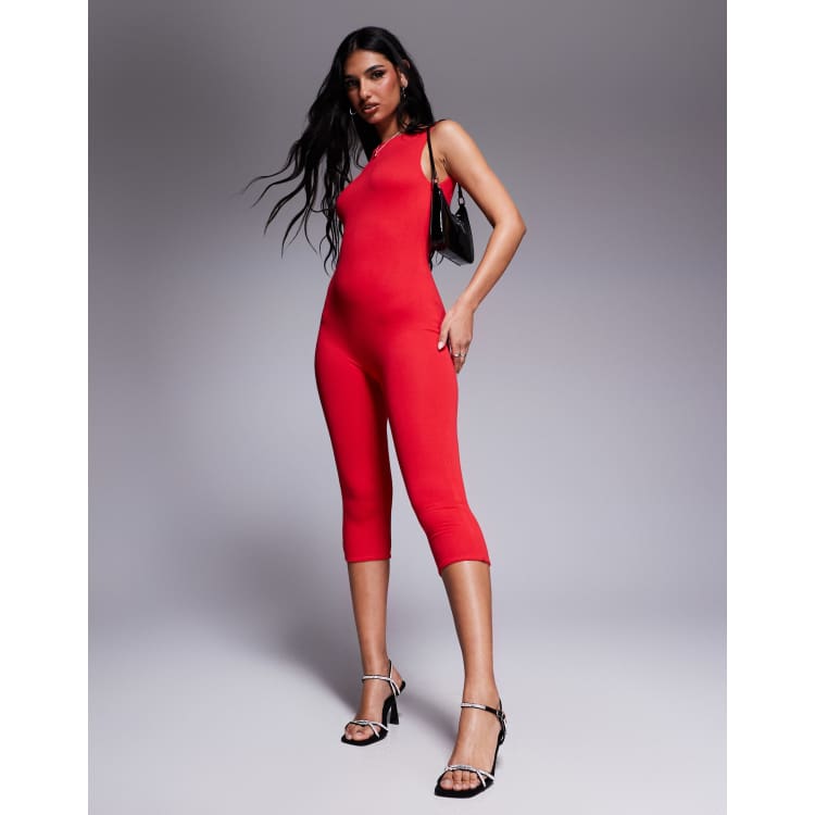 AFRM tahlia boat neck open back capri length jumpsuit red ASOS