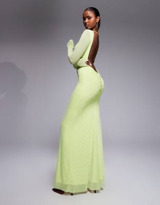 Afrm Talmo Long Sleeve Boatneck Maxi Dress With Open Back Detail In Green