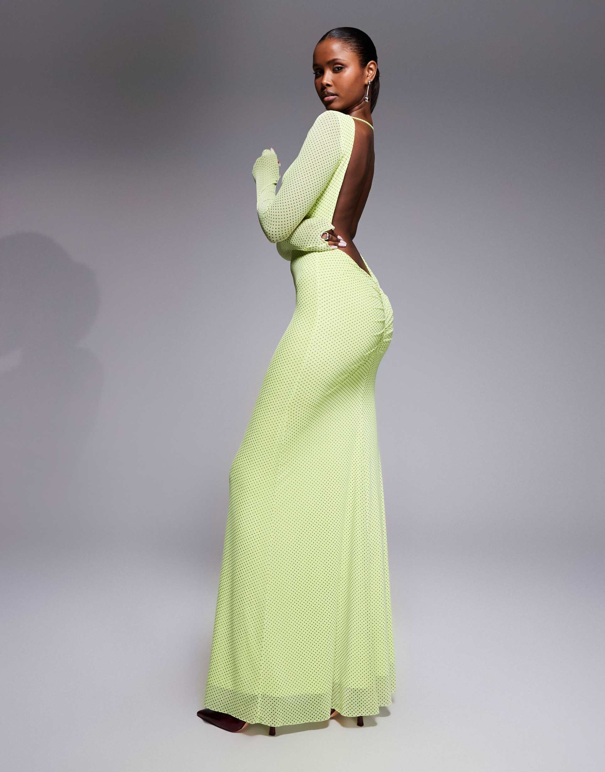 afrm talmo long sleeve boatneck maxi dress with open back detail in citrus pin dot