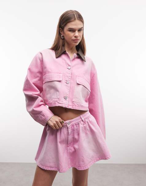 AFRM Tanner denim cropped utility jacket co-ord in soft pink - view 1