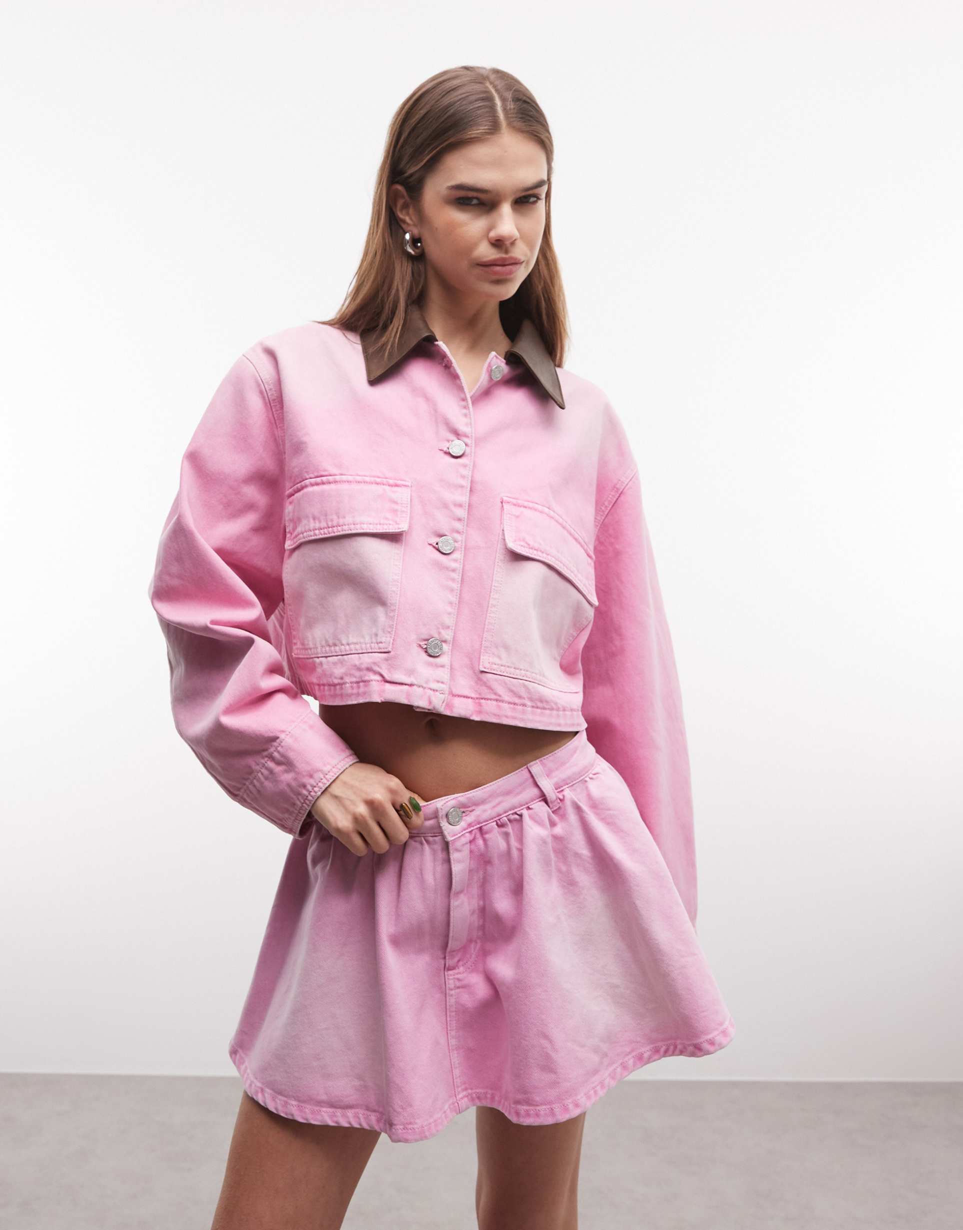 afrm tanner denim cropped utility jacket in soft pink - part of a set