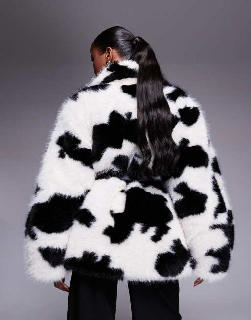 AFRM teddy faux-fur coat with wrap-around leather belt in cow print, 2 of 4