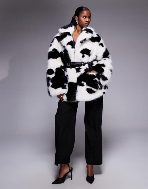 AFRM teddy faux-fur coat with wrap-around leather belt in cow print, 4 of 4