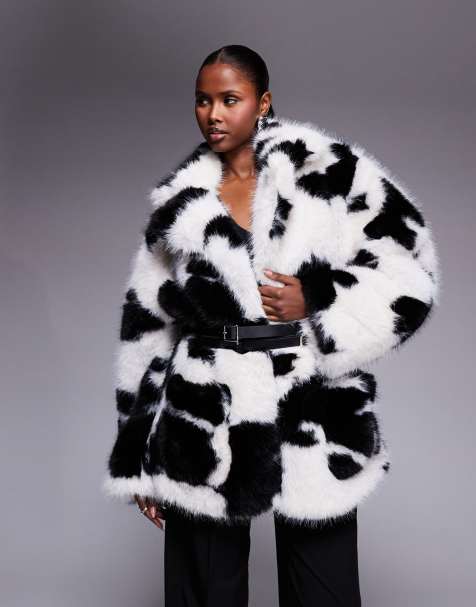 AFRM teddy fur coat with wrap around leather belt in cow print - view 1