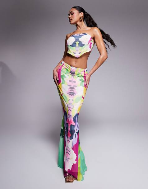 AFRM - Tegan - Gonna lunga in rete con stampa tropicale in coordinato - view 1