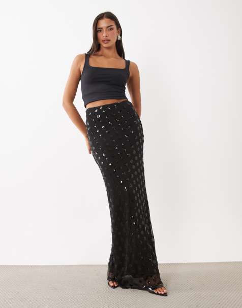 AFRM Tegan sequin mesh high rise ruffle hem maxi skirt co-ord in black - view 1