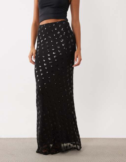 AFRM Tegan sequin mesh high rise ruffle hem maxi skirt co-ord in black, 2 of 5