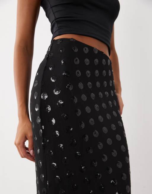 AFRM Tegan sequin mesh high rise ruffle hem maxi skirt co-ord in black, 3 of 5