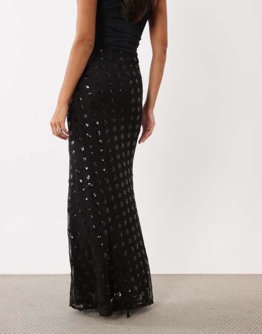 AFRM Tegan sequin mesh high rise ruffle hem maxi skirt co-ord in black, 5 of 5