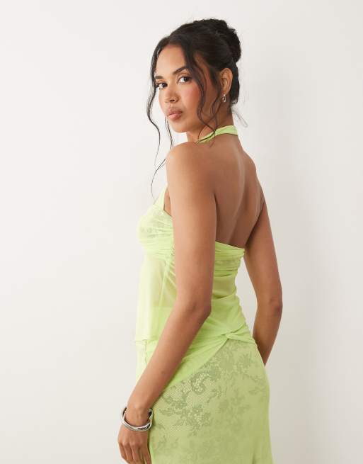 AFRM Toks mesh sweetheart halter neck top co-ord in acid lime , 3 of 4