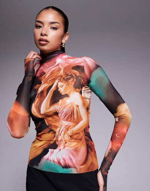 AFRM - Top van mesh met col, lange mouwen en engelenprint