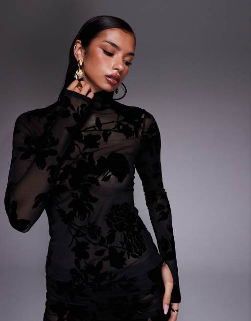 AFRM - Top van mesh met lange mouwen, col en geflockte rozenprint in zwart, deel van co-ord set