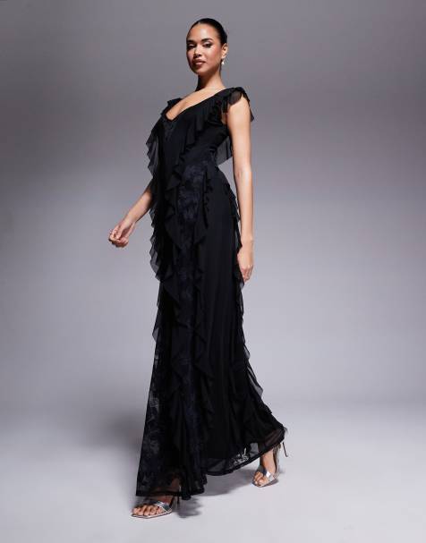 AFRM Trista mesh ruffle maxi dress with lace panels in black