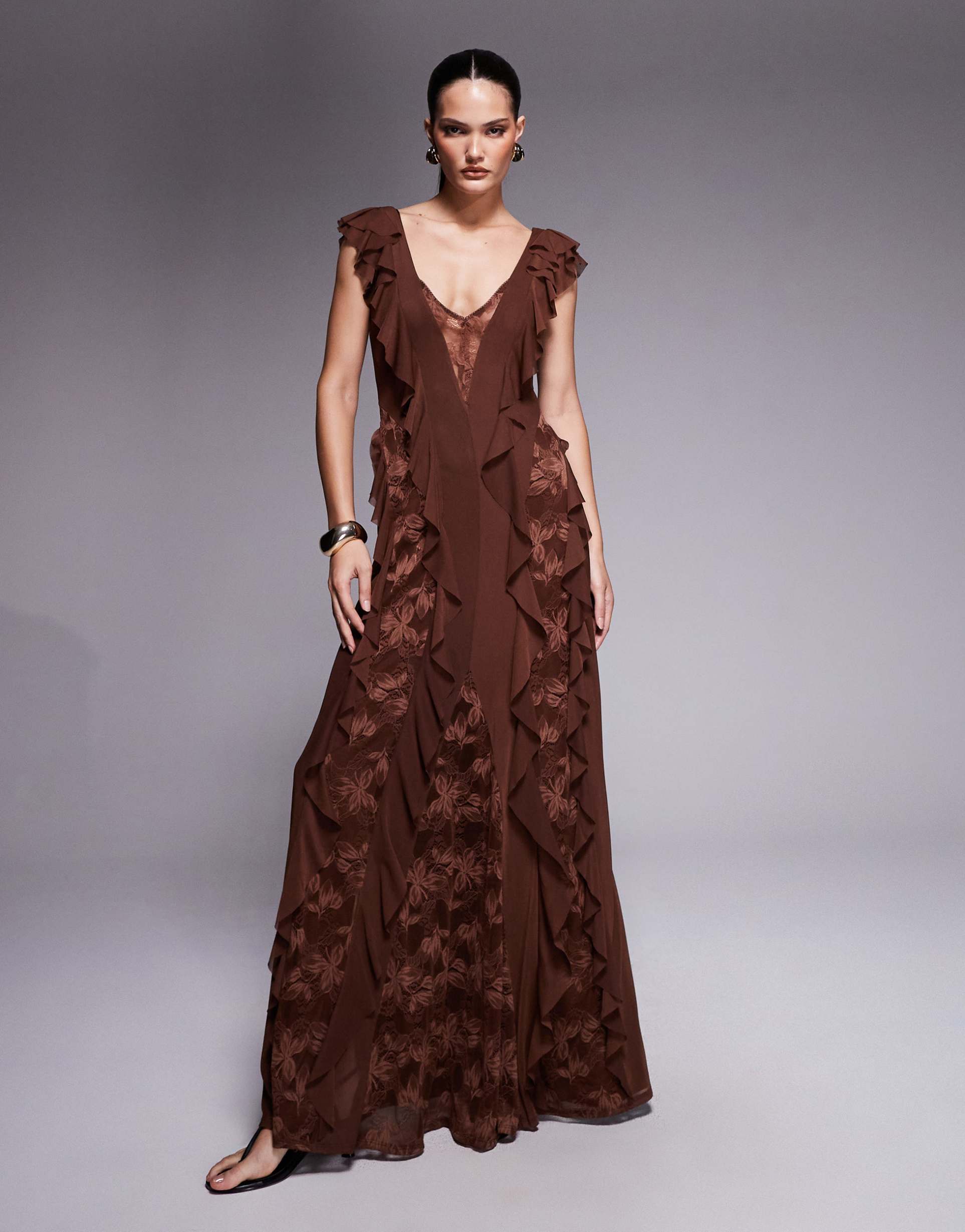 afrm trista lace insert ruffle maxi dress in cappuccino