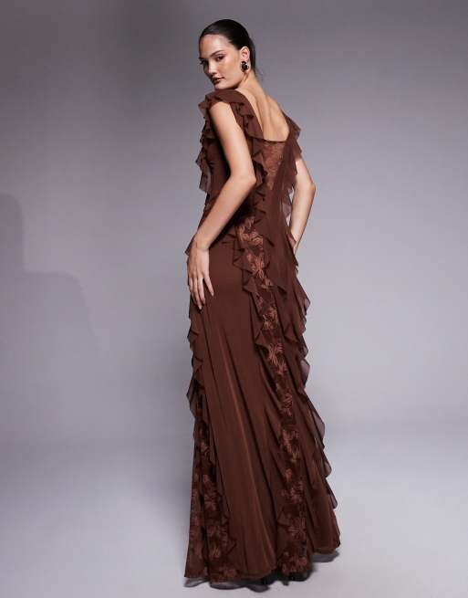 AFRM Trista lace insert ruffle maxi dress in cappuccino