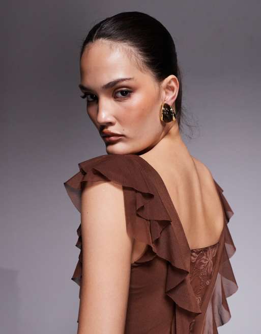 AFRM Trista lace insert ruffle maxi dress in cappuccino