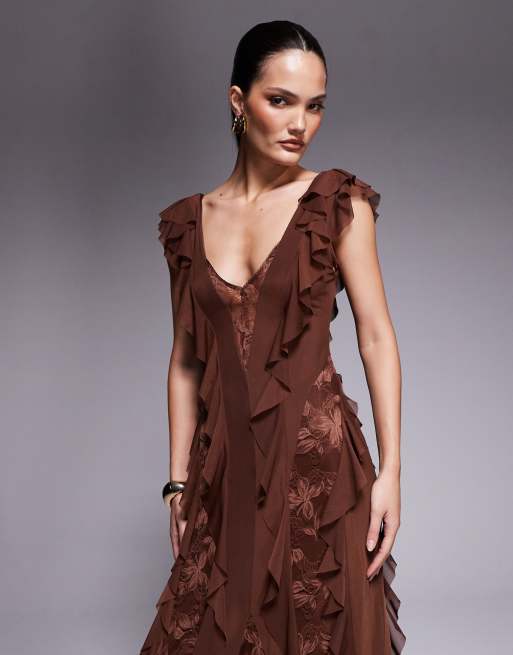 AFRM Trista lace insert ruffle maxi dress in cappuccino