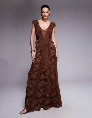 Afrm Trista Lace Insert Ruffle Maxi Dress In Brown