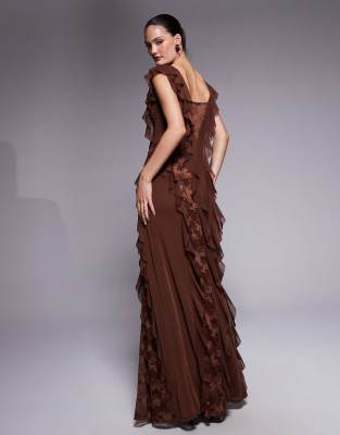 Afrm Trista Lace Insert Ruffle Maxi Dress In Brown