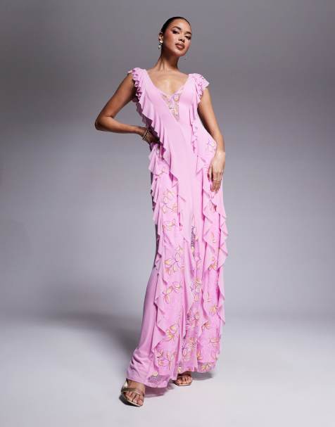 AFRM Trista mesh ruffle maxi dress with lace panels in lilac