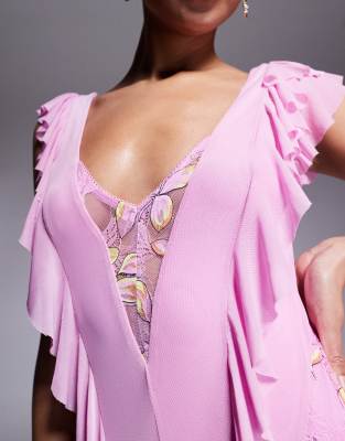 AFRM TRISTA MESH RUFFLE MAXI DRESS WITH LACE PANELS 